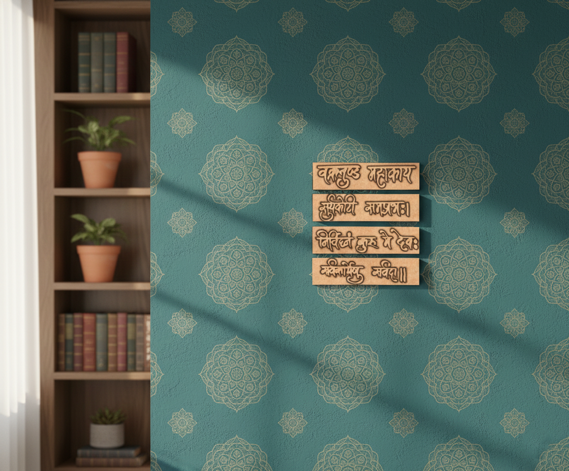 Laser-cut MDF shloka cutouts with Sanskrit text, unpainted surface for DIY painting, wall decor, and spiritual craft projects hanging on wall