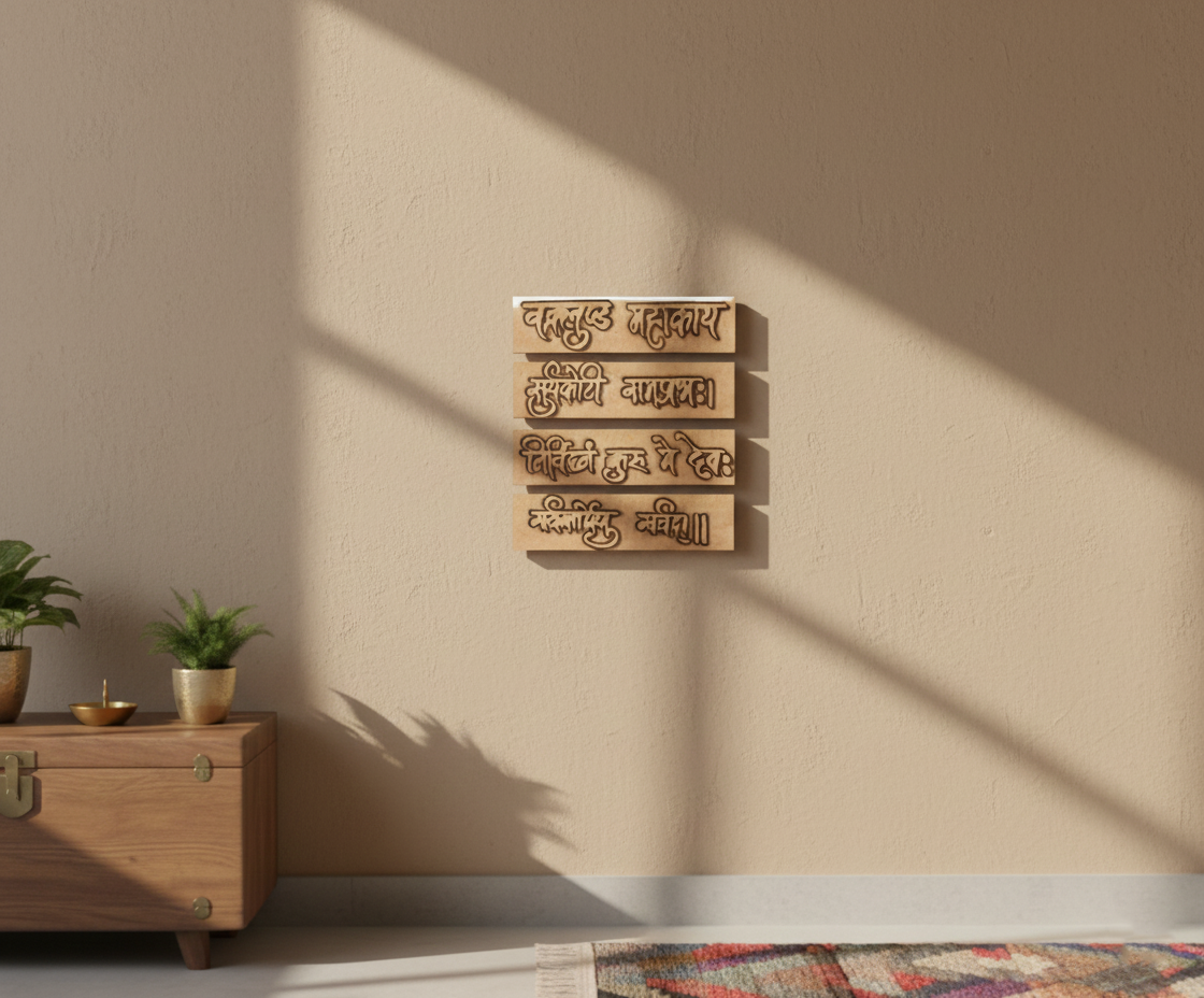 Laser-cut MDF shloka cutouts with Sanskrit text, unpainted surface for DIY painting, wall decor, and spiritual craft projects hanging on wall