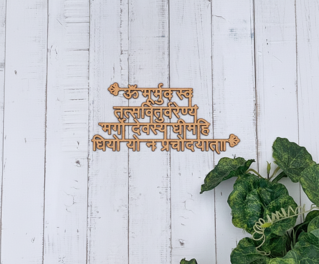 MDF Shloka wall art featuring the Gayatri Mantra in a laser-cut style, mounted on a white painted wooden plank wall with green plant leaves in the lower right corner.
