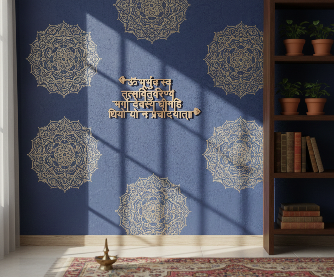A styled interior scene showing a navy blue wall decorated with five cream mandala patterns and a central gold-colored Sanskrit mantra. A wooden bookshelf with books and potted plants stands on the right, and a brass oil lamp sits on a patterned rug on the floor.