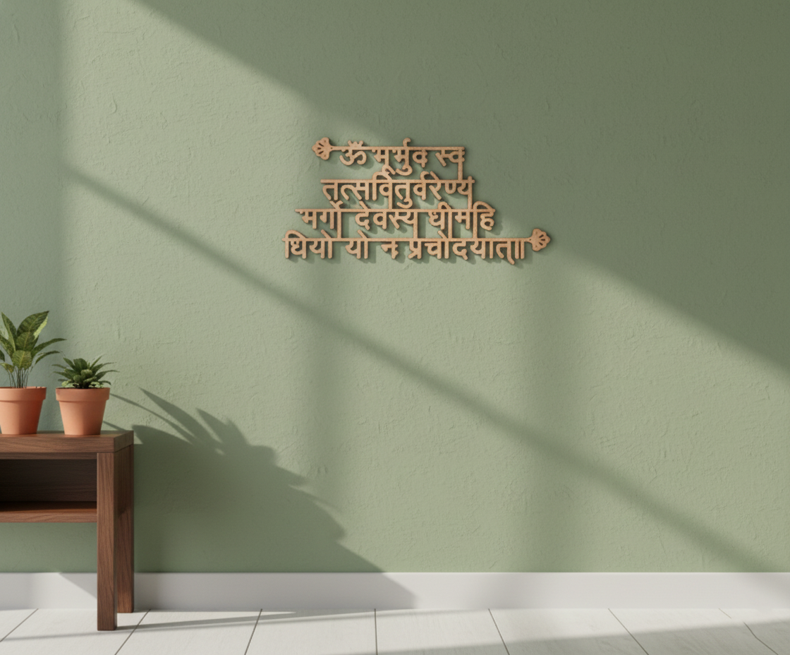 A shloka wall sign with Devanagari script mounted on a sage green wall, shown in a styled interior with potted plants on a wooden side table and soft window shadows cast across the wall.
