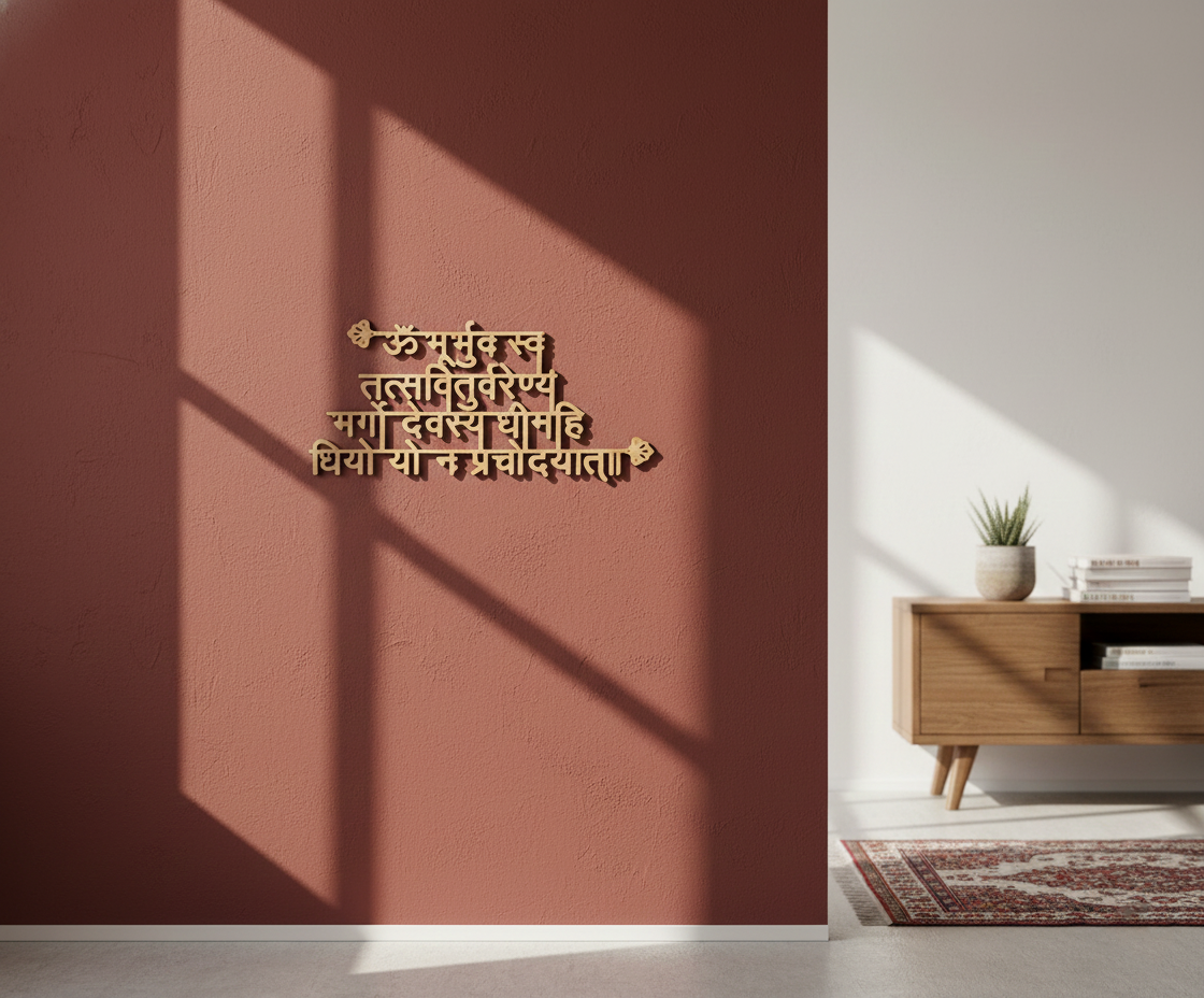 MDF Shloka wall art featuring the Bhagavad Gita verses, mounted on a terracotta-colored wall in a modern room setting with warm sunlight and shadows.