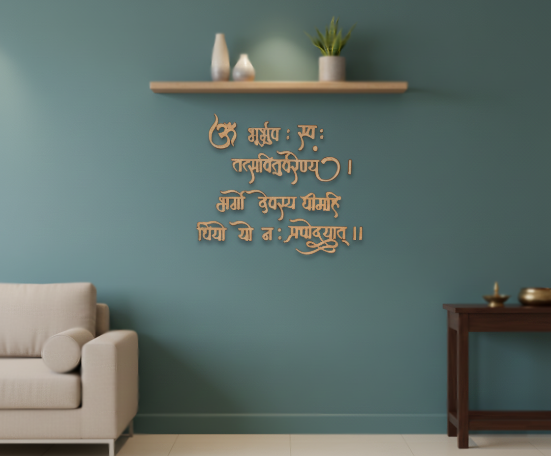 Laser-cut MDF Shloka cutout with Sanskrit lettering, unpainted surface for DIY painting, pooja room decoration, and spiritual wall decor hanging on wall