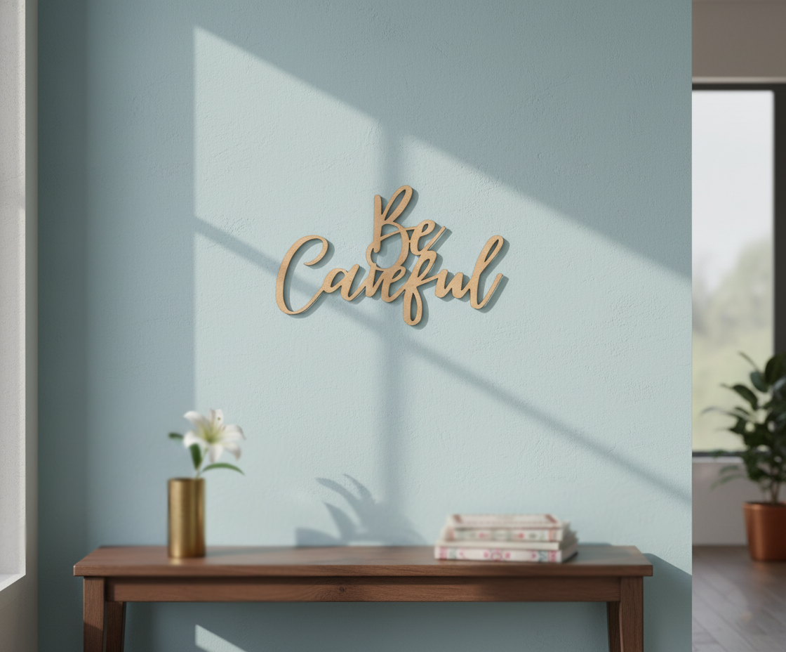 Unpainted MDF Be Careful quote DIY cutout for wall decor and craft projects, mounted on wall