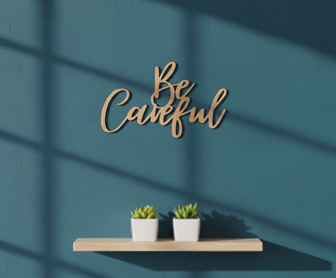 Unpainted MDF Be Careful quote DIY cutout for wall decor and craft projects, mounted on wall
