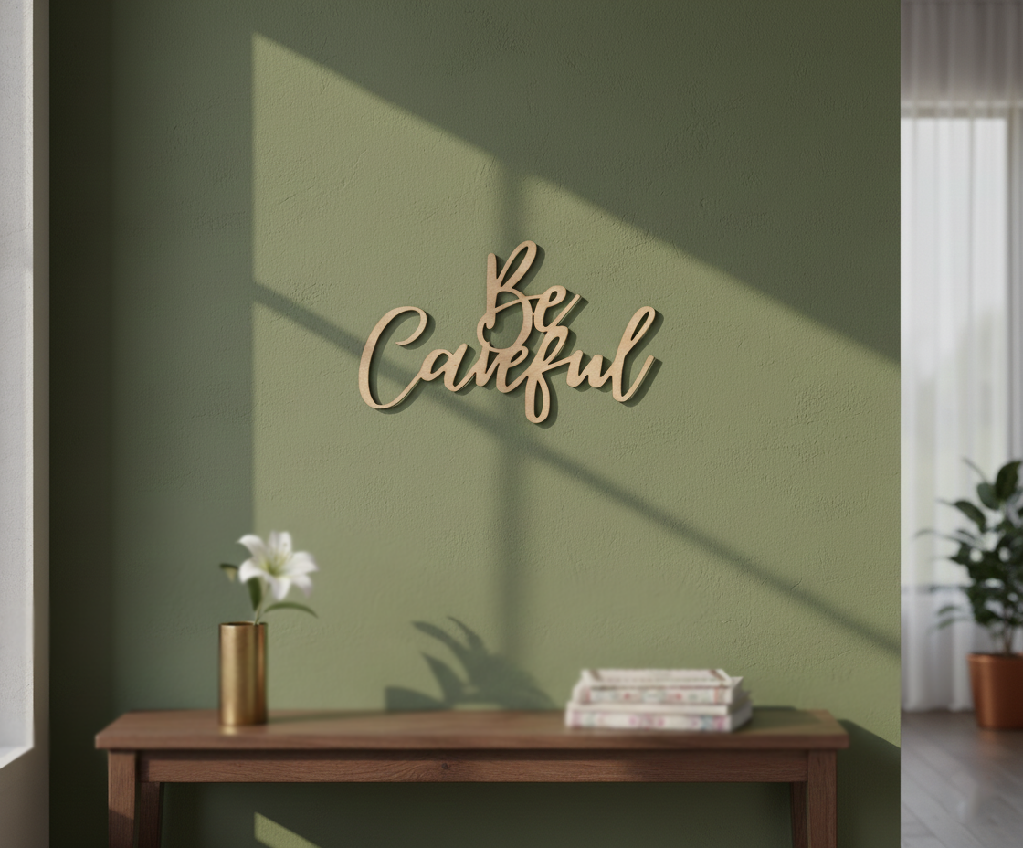 Unpainted MDF Be Careful quote DIY cutout for wall decor and craft projects, mounted on wall