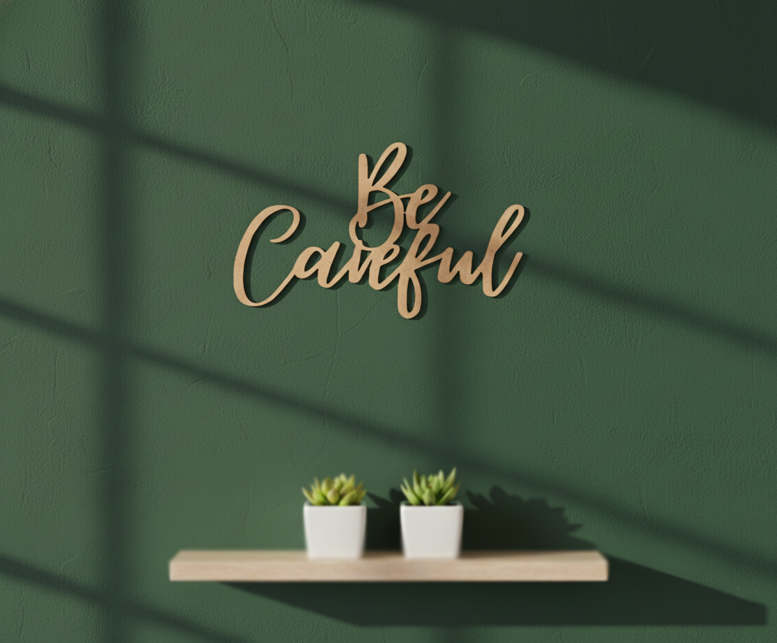 Unpainted MDF Be Careful quote DIY cutout for wall decor and craft projects, mounted on wall