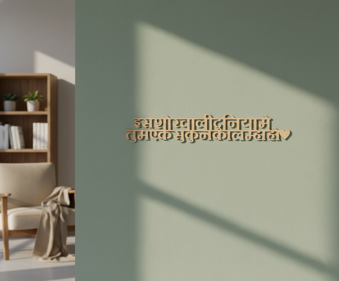 Unpainted MDF Devanagari quote DIY cutout for wall decor and craft projects, mounted on wall