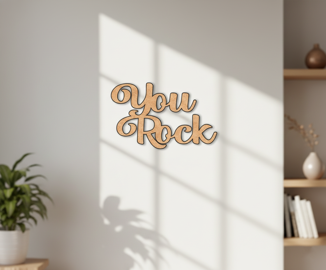 Unpainted MDF You Rock quote laser cut DIY wall decor craft cutout, mounted on wall