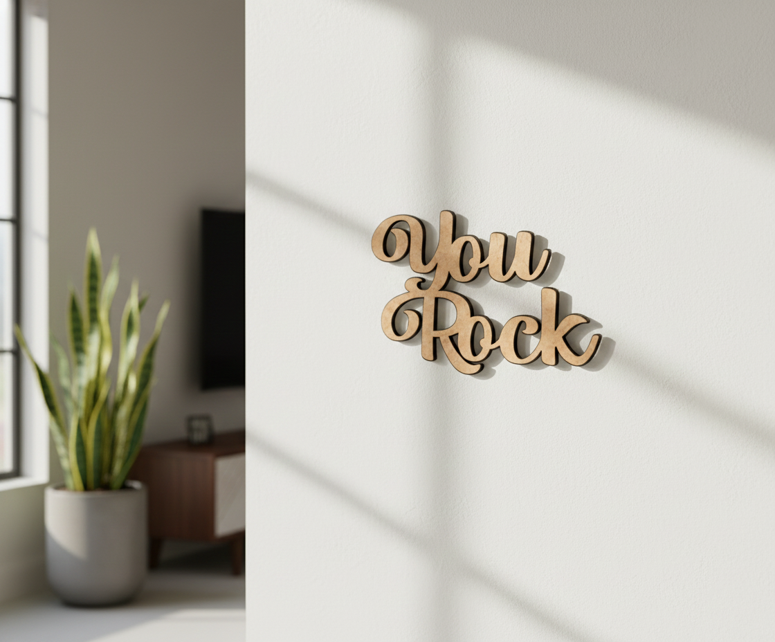 Unpainted MDF You Rock quote laser cut DIY wall decor craft cutout, mounted on wall