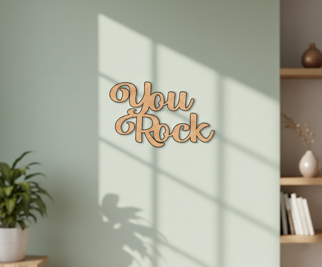 Unpainted MDF You Rock quote laser cut DIY wall decor craft cutout, mounted on wall