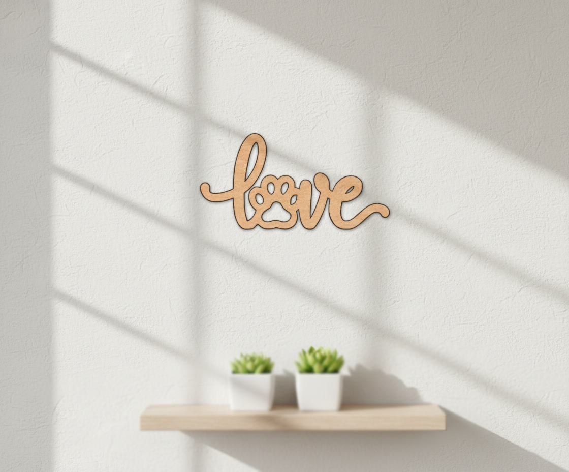 Unpainted MDF love paw quote laser cut DIY wall decor craft cutout, mounted on wall