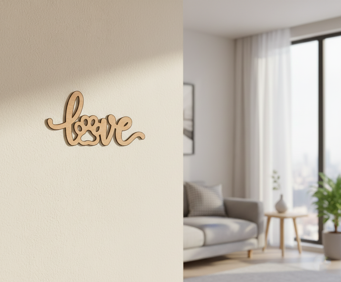 Unpainted MDF love paw quote laser cut DIY wall decor craft cutout, mounted on wall