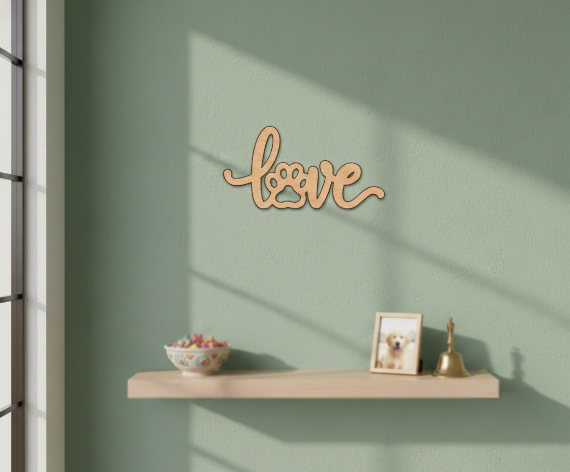 Unpainted MDF love paw quote laser cut DIY wall decor craft cutout, mounted on wall