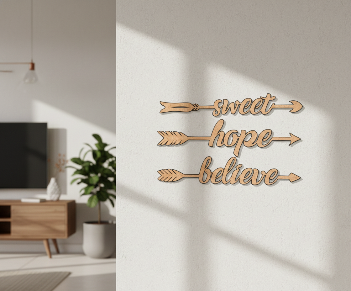 Unpainted MDF Sweet Hope Believe quote arrows laser cut DIY wall decor craft set, mounted on wall