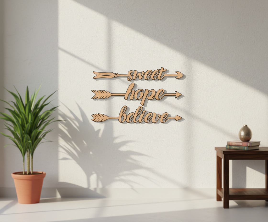 Unpainted MDF Sweet Hope Believe quote arrows laser cut DIY wall decor craft set, mounted on wall