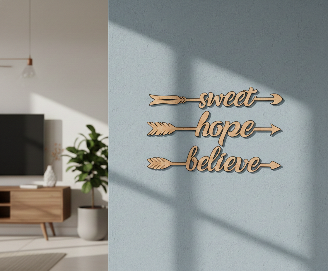 Unpainted MDF Sweet Hope Believe quote arrows laser cut DIY wall decor craft set, mounted on wall