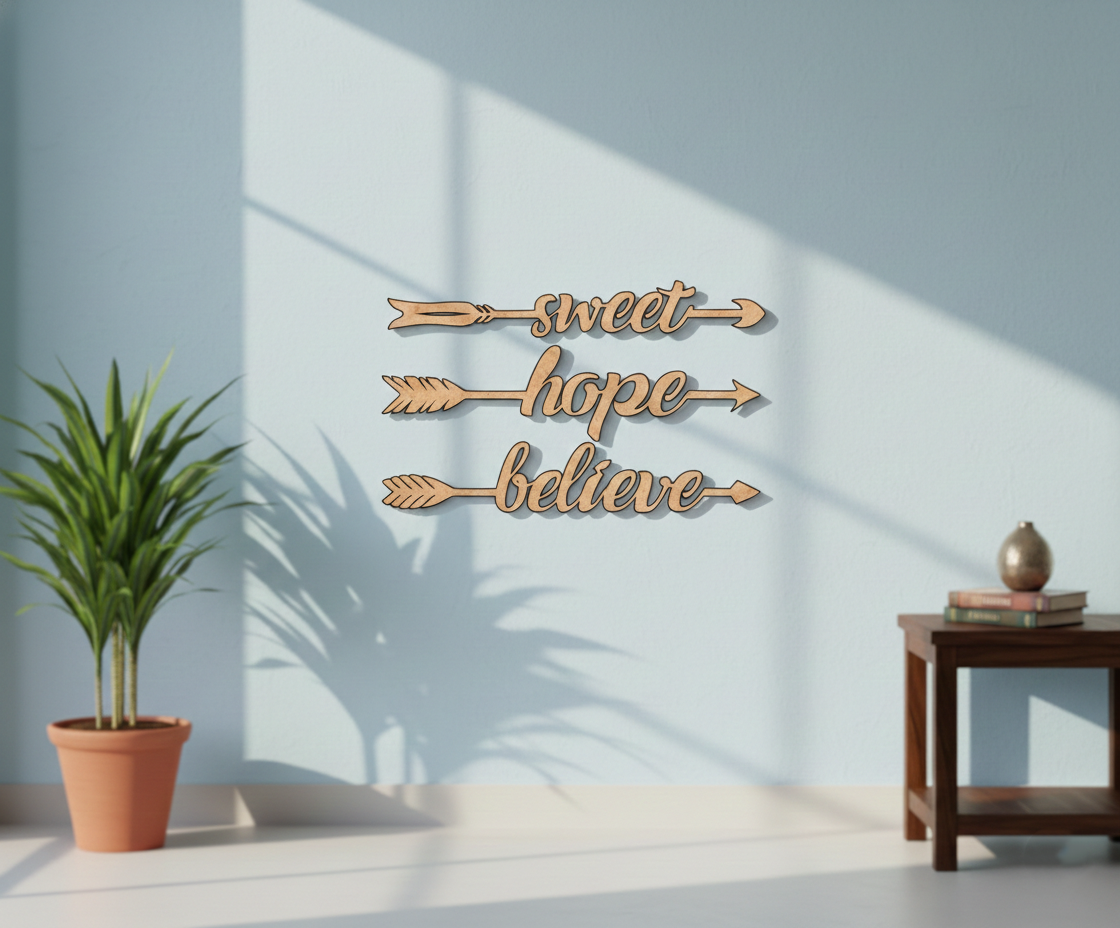 Unpainted MDF Sweet Hope Believe quote arrows laser cut DIY wall decor craft set, mounted on wall