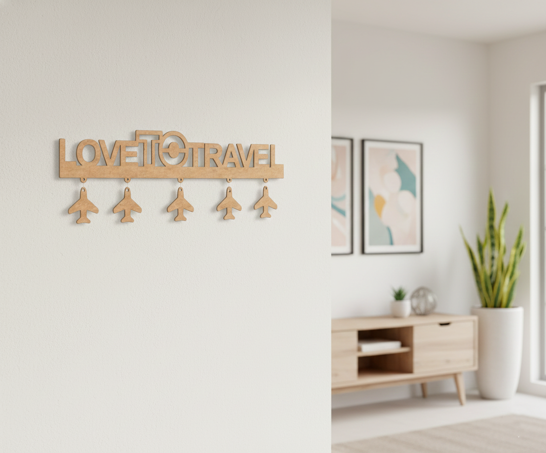 Unpainted MDF Love To Travel quote laser cut DIY wall decor key holder with airplane charms, mounted on wall