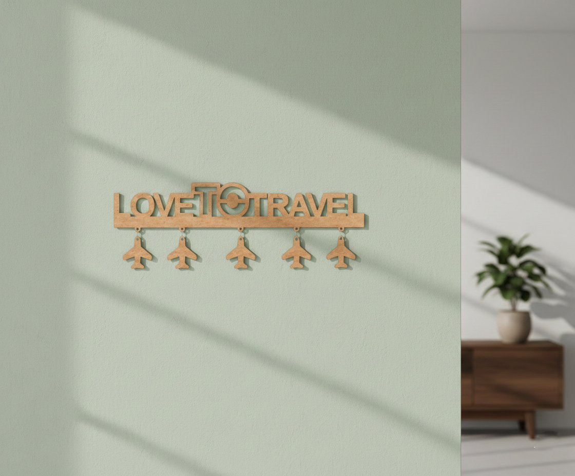 Unpainted MDF Love To Travel quote laser cut DIY wall decor key holder with airplane charms, mounted on wall