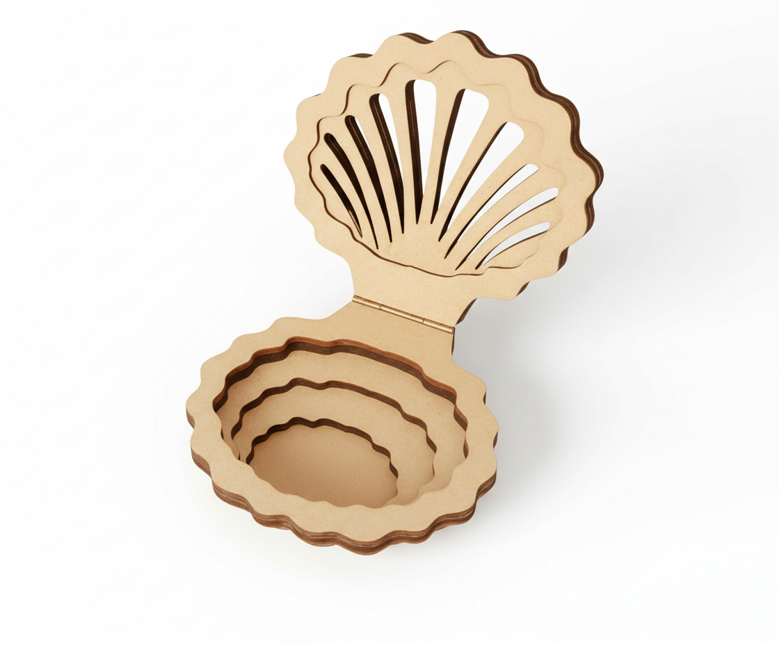 Wooden shell-shaped MDF DIY Jewellery Box on a white background