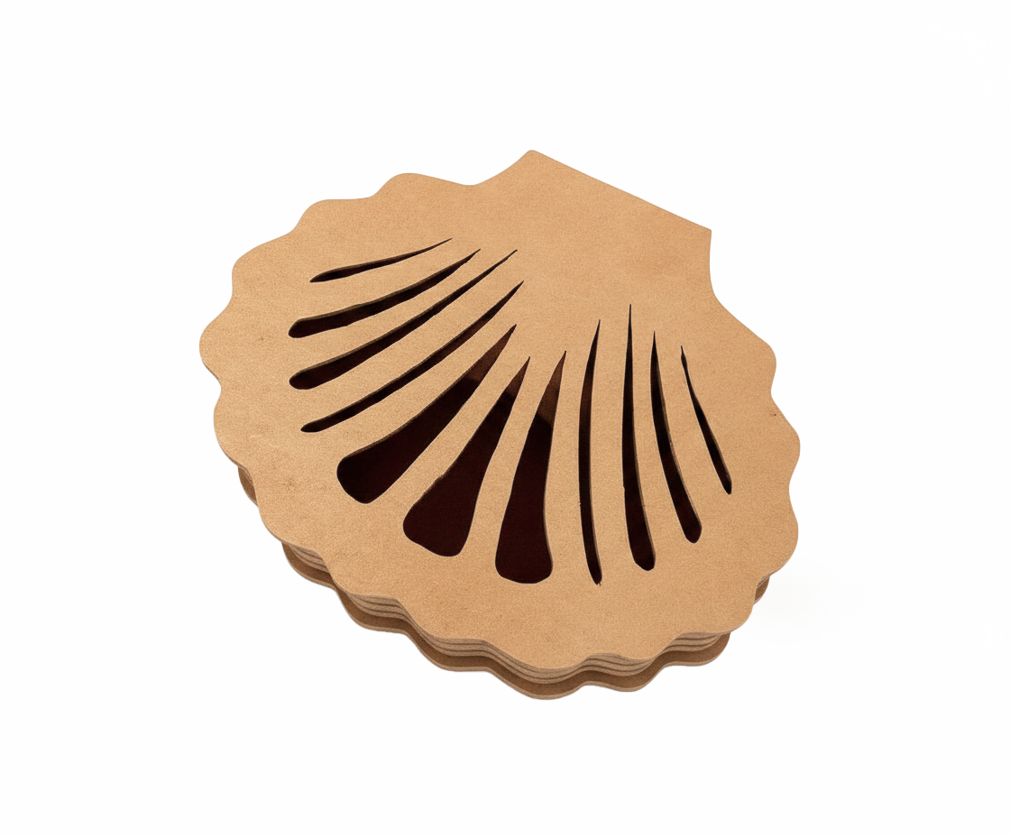 Set of brown scallop shell-shaped MDF DIY Jewellery Box on a white background