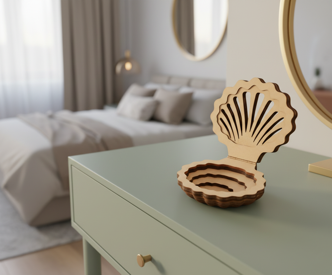 shell-shaped MDF DIY Jewellery Box on a dresser in a bedroom setting
