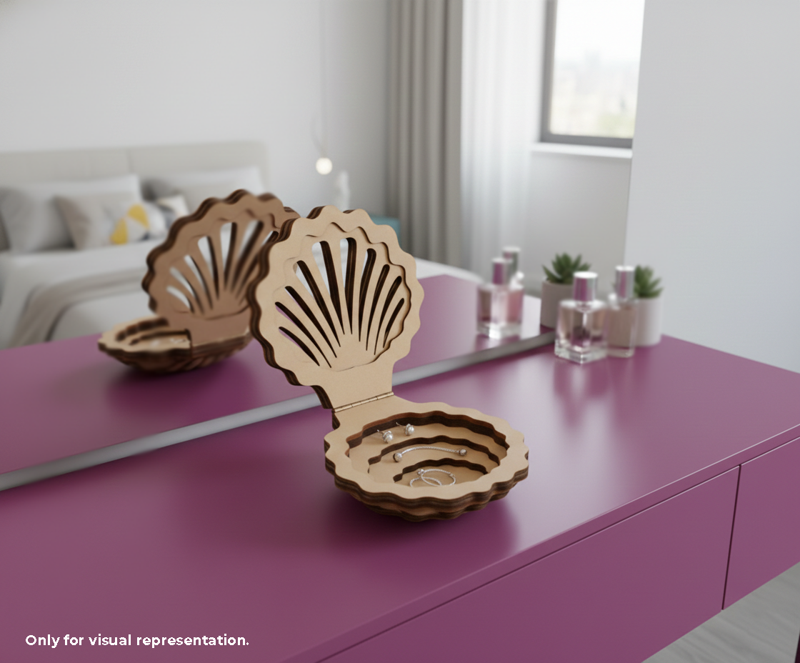 Wooden shell-shaped MDF DIY Jewellery Box on a pink surface with a blurred background