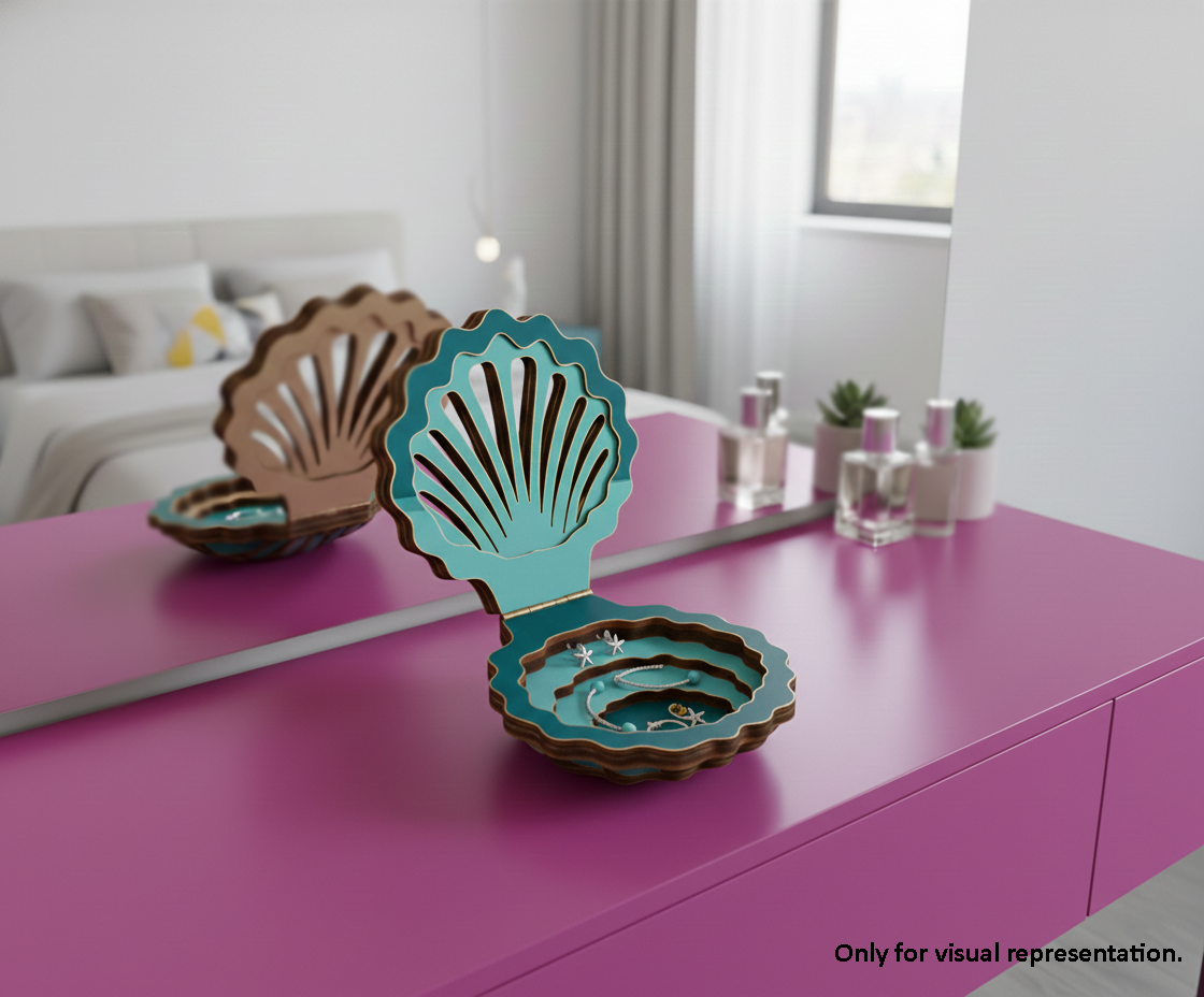 Shell-shaped MDF DIY Jewellery Box on a pink surface with a blurred background