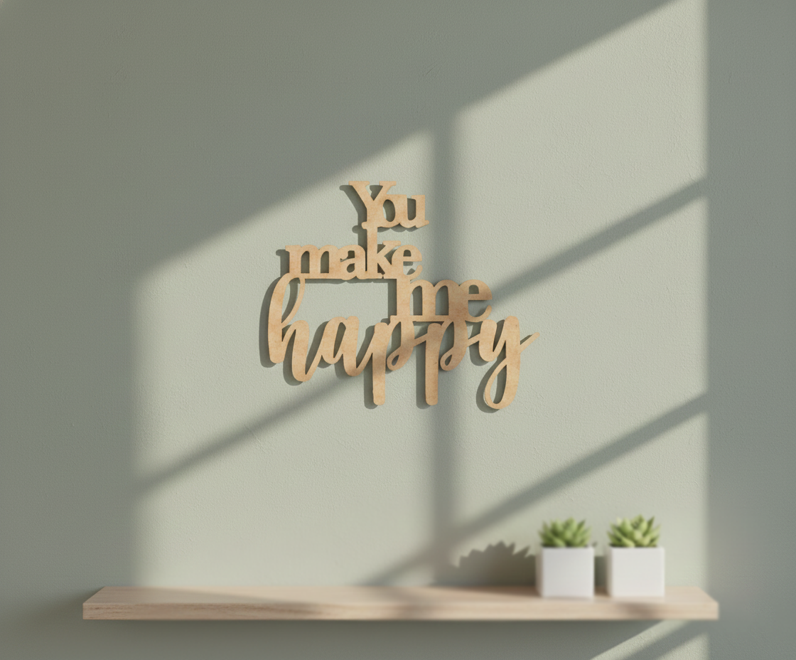 Unpainted MDF You Make Me Happy quote laser cut DIY wall decor craft cutout, mounted on wall