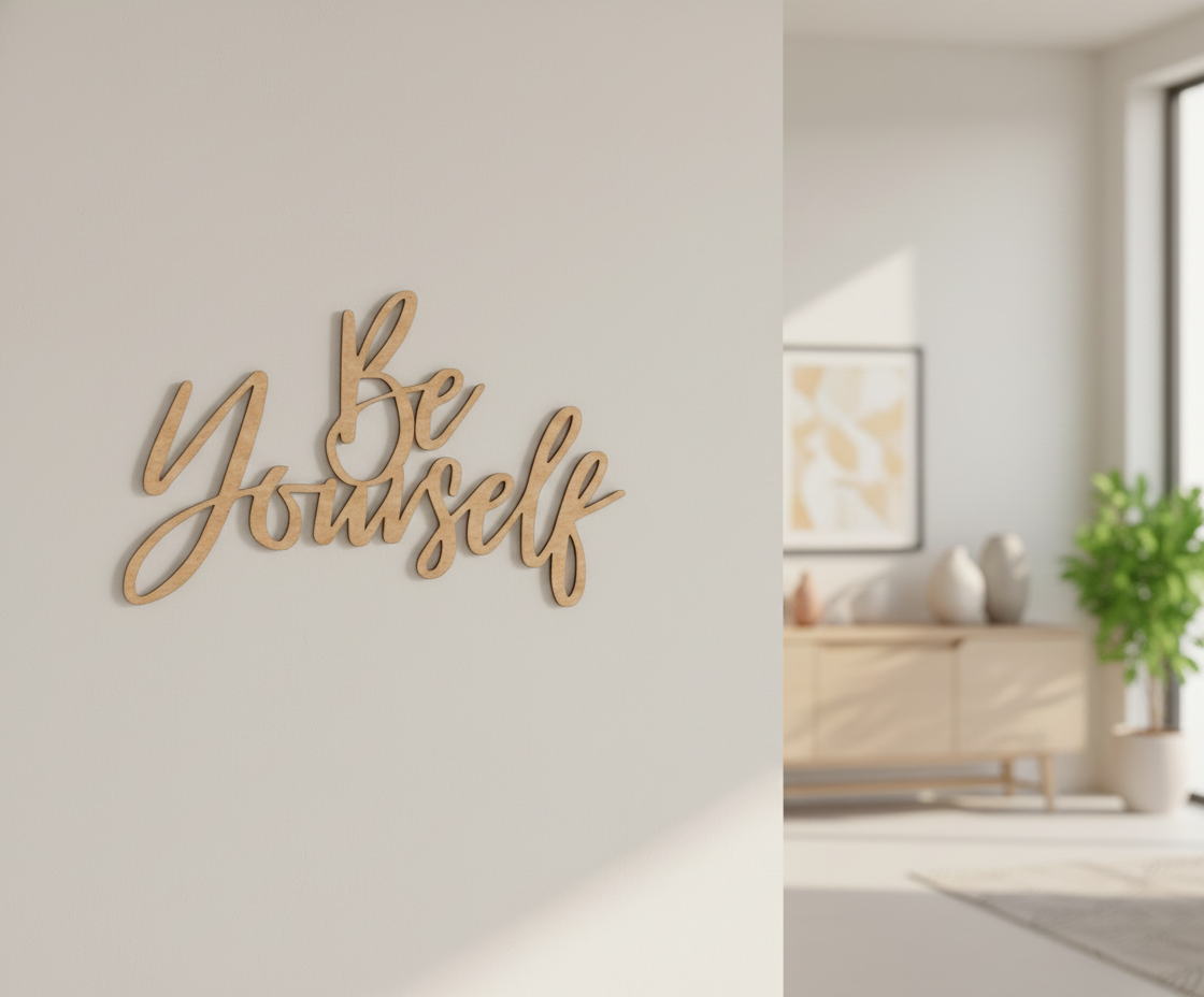 Unpainted MDF Be Yourself quote laser cut DIY wall decor craft cutout, mounted on wall