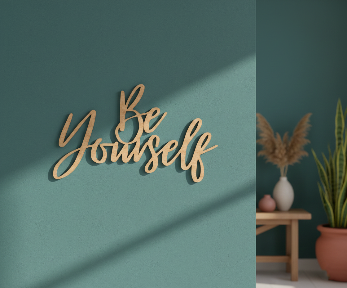 Unpainted MDF Be Yourself quote laser cut DIY wall decor craft cutout, mounted on wall