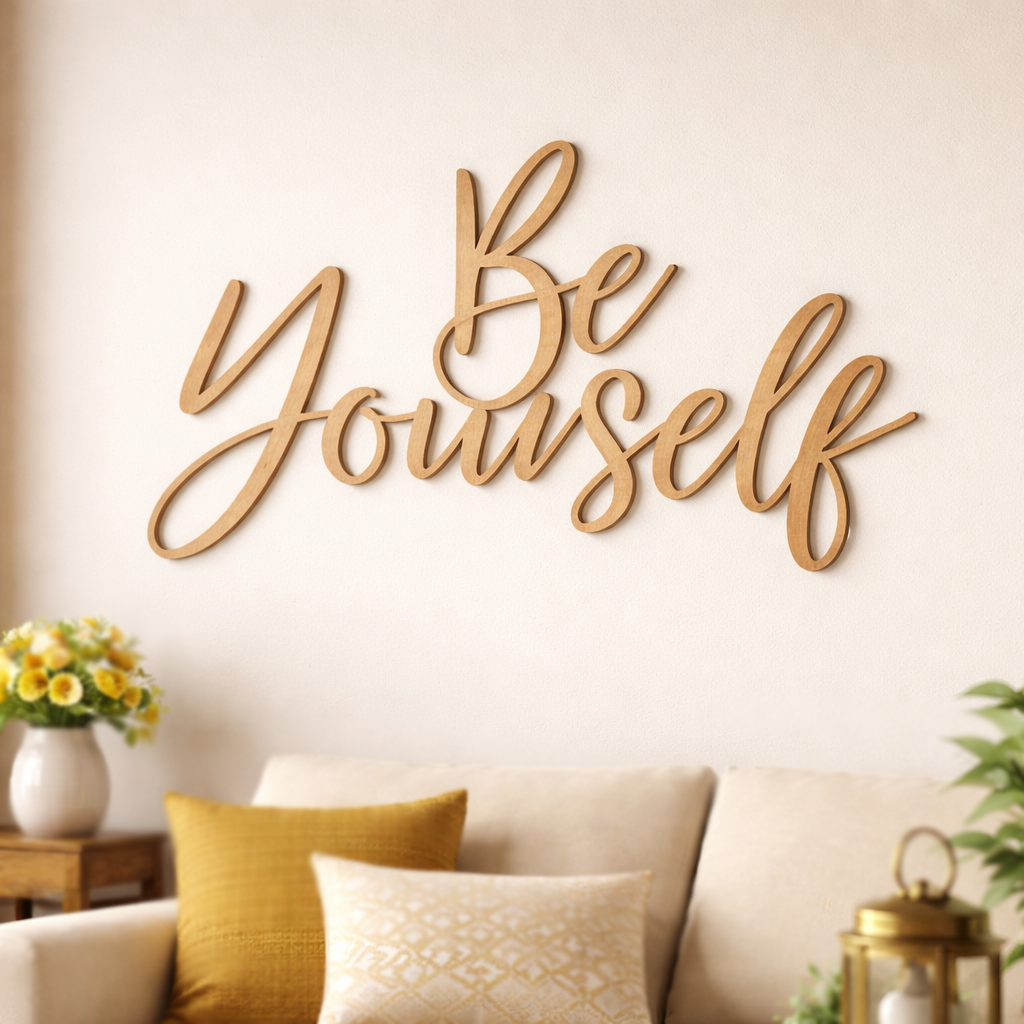 Unpainted MDF Be Yourself quote laser cut DIY wall decor craft cutout, mounted on wall