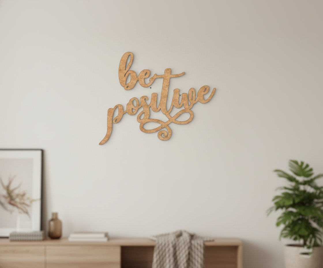 Unpainted MDF Be Positive quote laser cut DIY wall decor craft cutout, mounted on wall