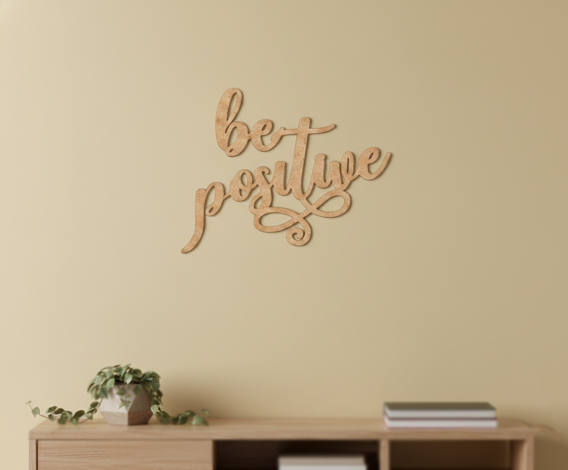 Unpainted MDF Be Positive quote laser cut DIY wall decor craft cutout, mounted on wall
