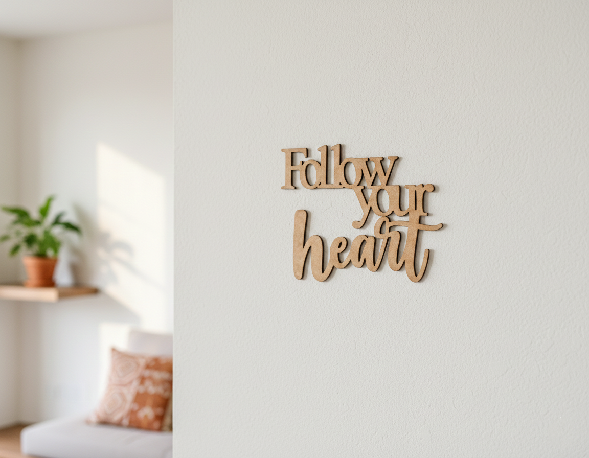 Unpainted MDF Follow Your Heart quote laser cut DIY wall decor craft cutout, mounted on wall