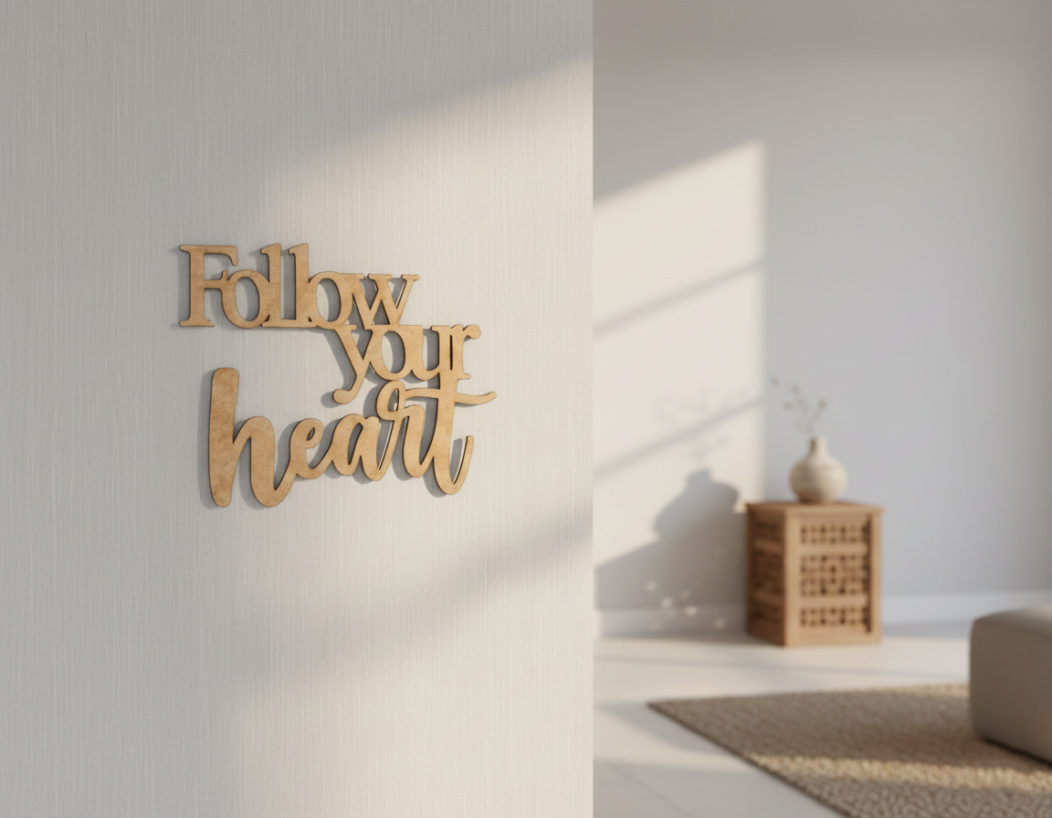 Unpainted MDF Follow Your Heart quote laser cut DIY wall decor craft cutout, mounted on wall