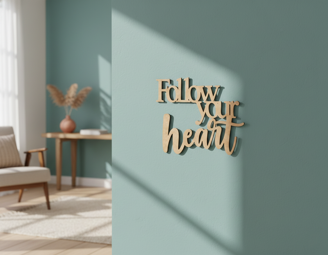 Unpainted MDF Follow Your Heart quote laser cut DIY wall decor craft cutout, mounted on wall