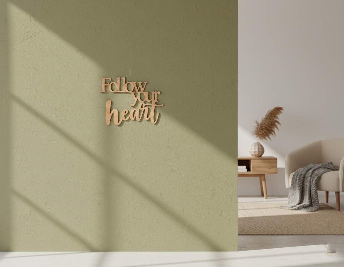 Unpainted MDF Follow Your Heart quote laser cut DIY wall decor craft cutout, mounted on wall