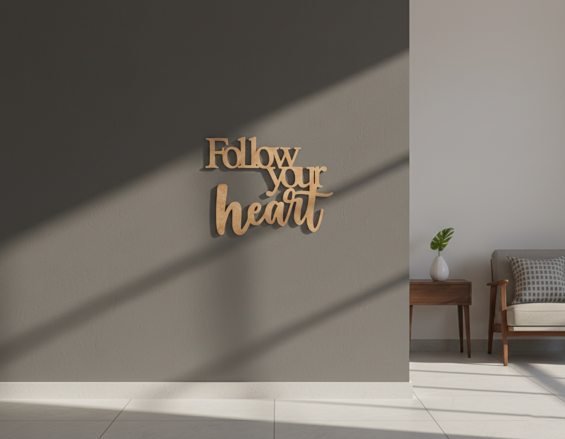 Unpainted MDF Follow Your Heart quote laser cut DIY wall decor craft cutout, mounted on wall