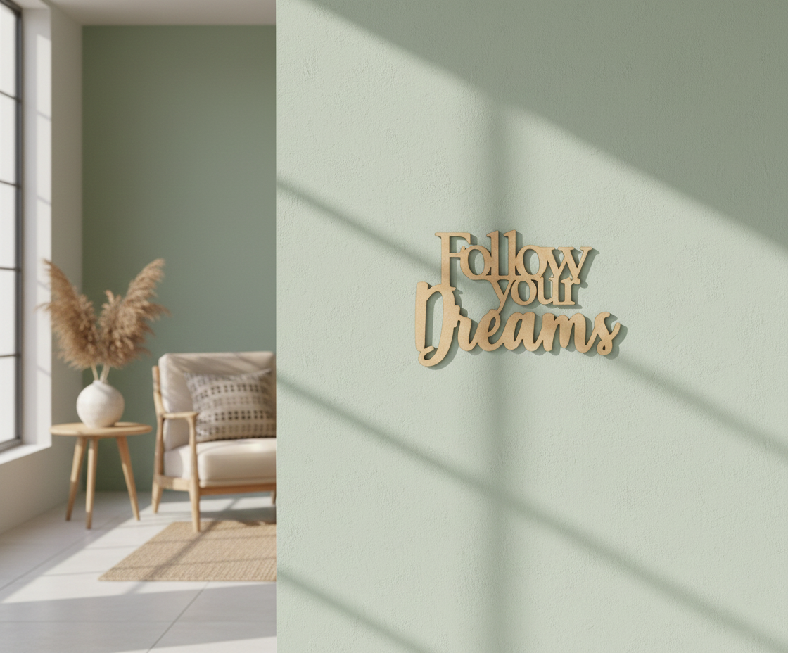 Unpainted MDF Follow Your Dreams quote laser cut DIY wall decor craft cutout, mounted on wall