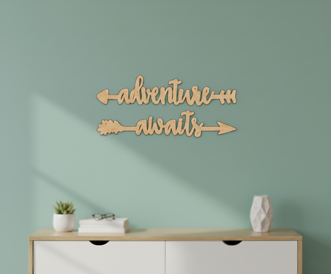 Unpainted MDF Adventure Awaits quote arrows laser cut DIY wall decor craft set, mounted on wall