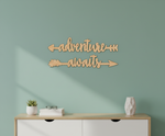 Unpainted MDF Adventure Awaits quote arrows laser cut DIY wall decor craft set, mounted on wall