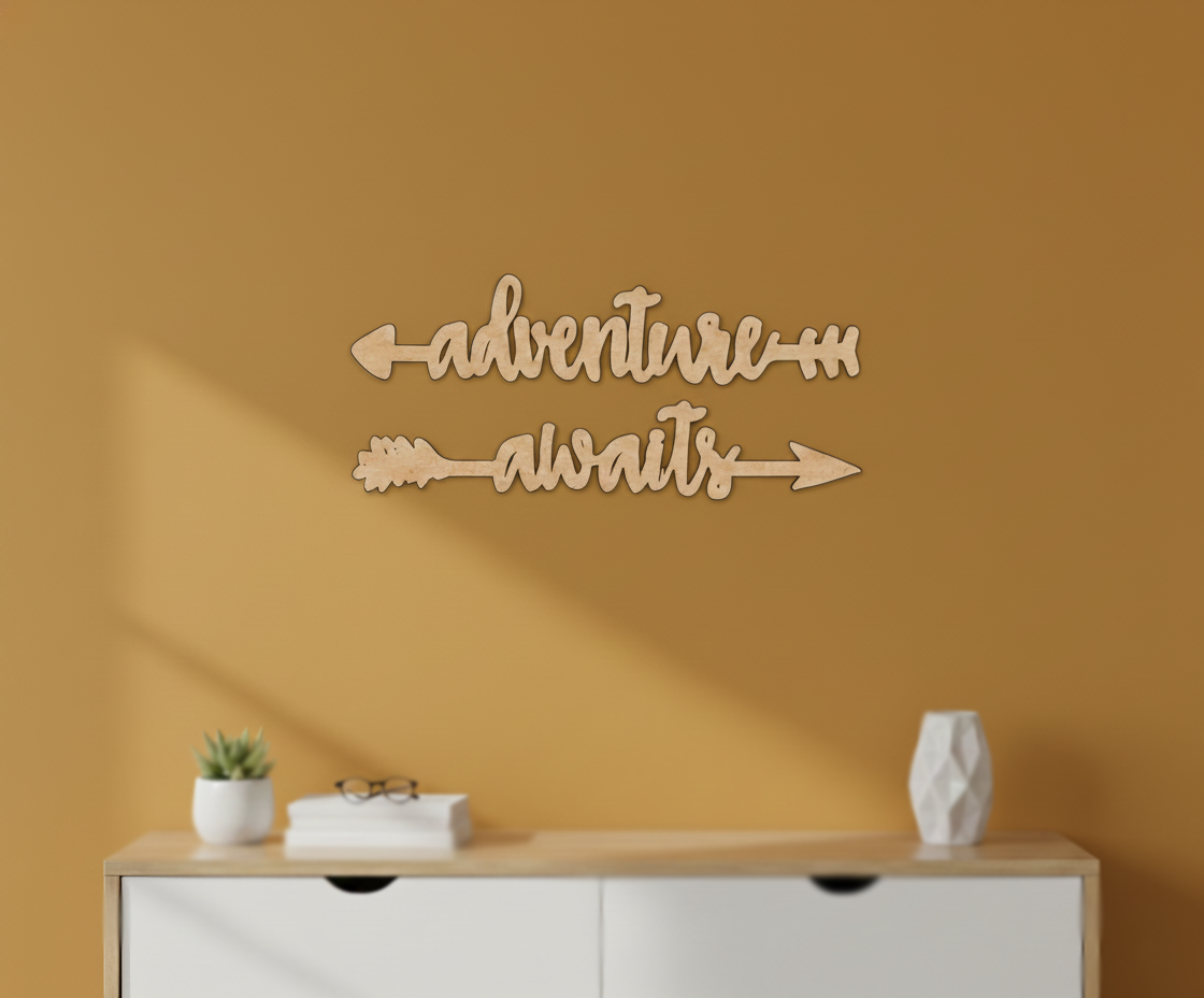Unpainted MDF Adventure Awaits quote arrows laser cut DIY wall decor craft set, mounted on wall