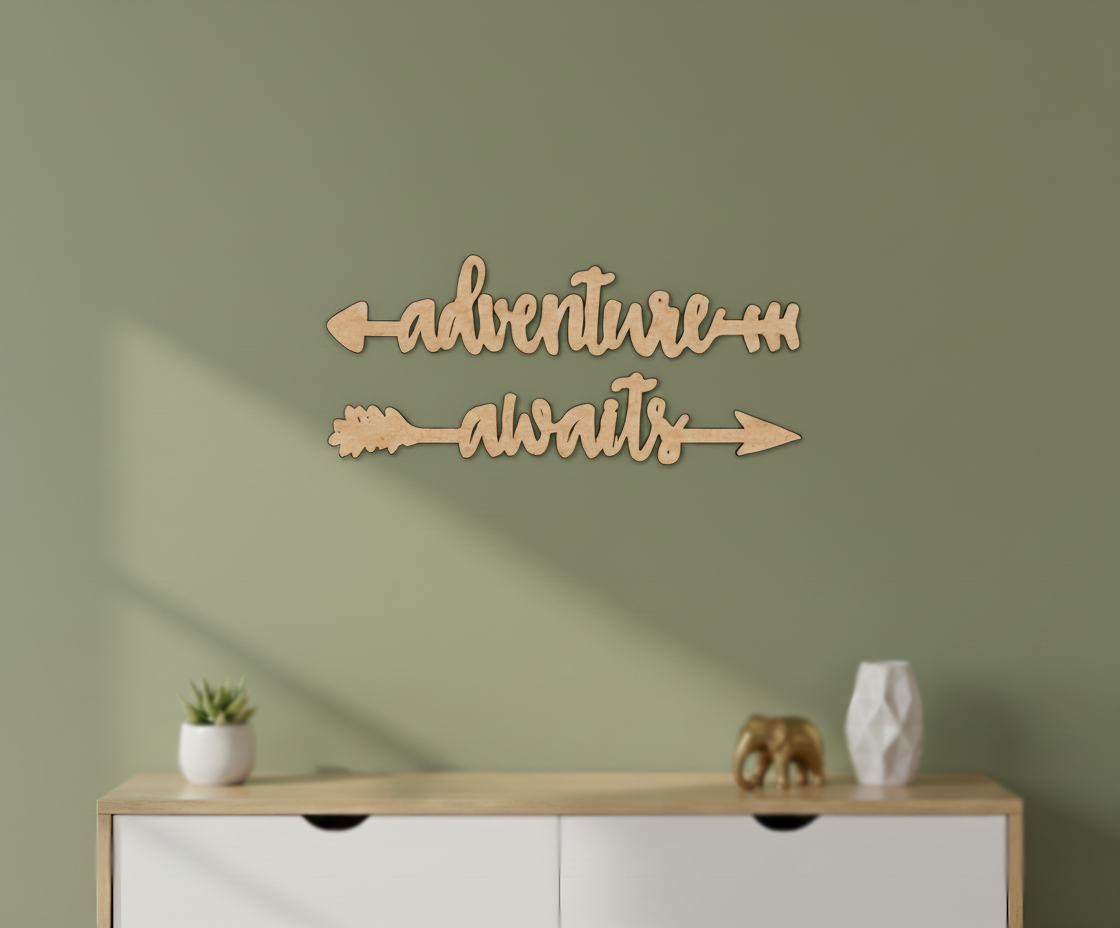 Unpainted MDF Adventure Awaits quote arrows laser cut DIY wall decor craft set, mounted on wall