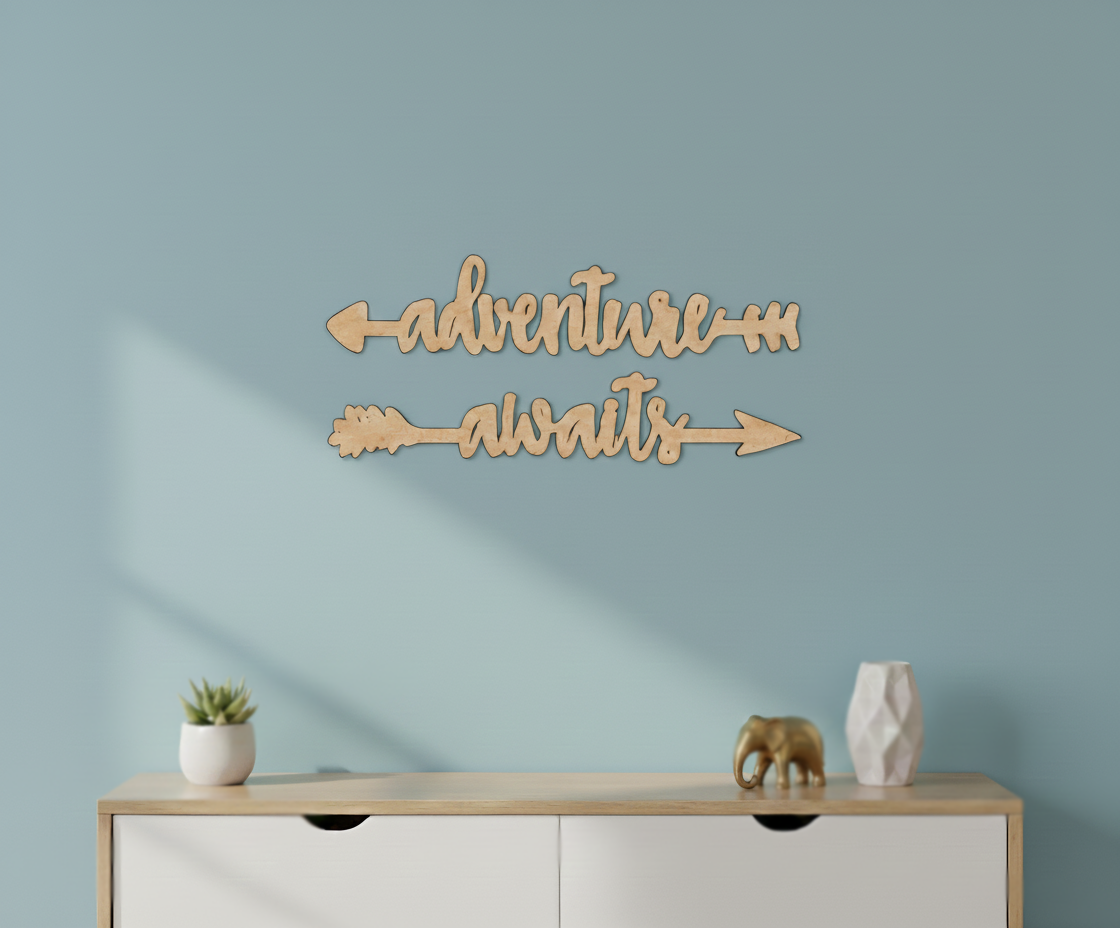 Unpainted MDF Adventure Awaits quote arrows laser cut DIY wall decor craft set, mounted on wall