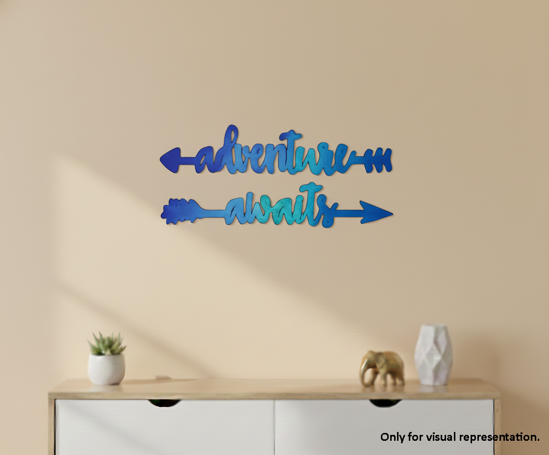 Painted MDF Adventure Awaits quote arrows laser cut DIY wall decor craft set, mounted on wall