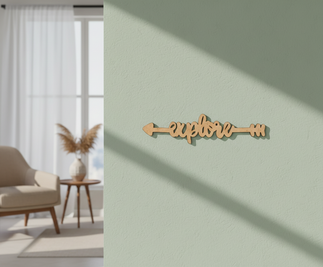 Unpainted MDF Explore quote arrow laser cut DIY wall decor craft cutout, mounted on wall