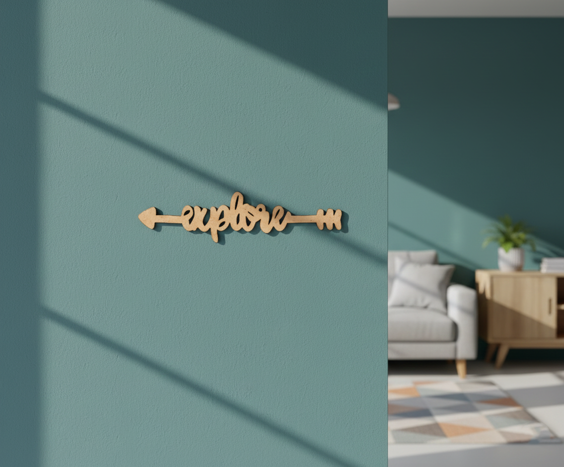 Unpainted MDF Explore quote arrow laser cut DIY wall decor craft cutout, mounted on wall