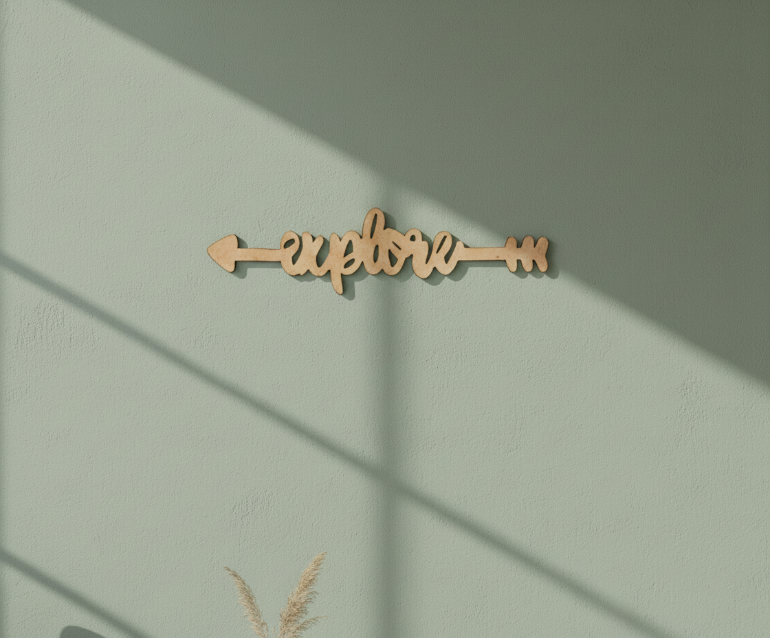 Unpainted MDF Explore quote arrow laser cut DIY wall decor craft cutout, mounted on wall